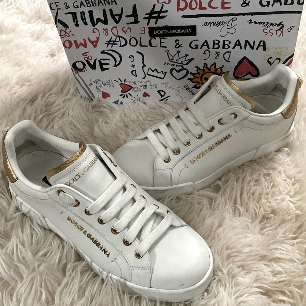 Dolce & Gabbana Portofino Light Gold & White Sneakers with Pearl Accent